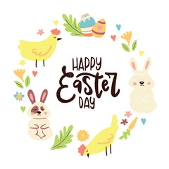 Easter frame with Easter eggs, rabbit, chicken, , spring flowers, leaves.