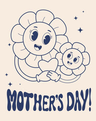 Retro character Daisy flowers Power. Groovy Modern cartoon vintage character mom with baby with heart. Nostalgic poster Mothers Day. Vector Illustration. Monochrome palette.