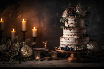Decorated tiered cake. Birch tree appearance. Wedding reception in Scandinavian boho style. Cozy atmosphere with candles. Dessert cake stands on old wooden table. Food style photography. Generative AI