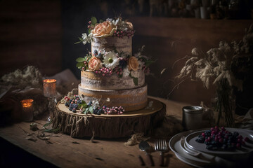 Decorated tiered cake. Birch tree appearance. Wedding reception in Scandinavian boho style. Cozy atmosphere with candles. Dessert cake stands on old wooden table. Food style photography. Generative AI