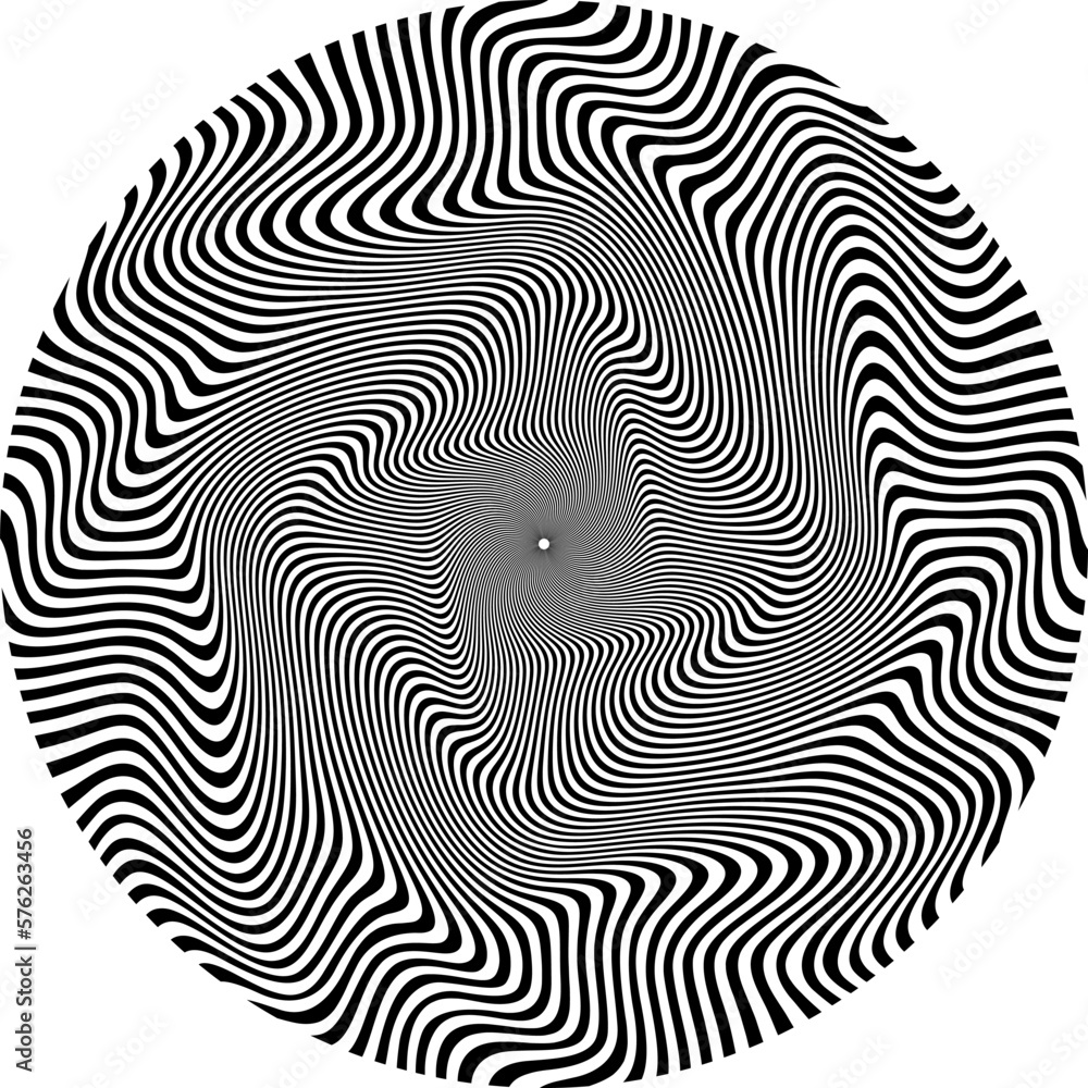 Poster optical art patterned circle of distorted wavy black stripes. psychedelic circular background design