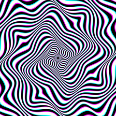 Optical art background of white black and cyan magenta wavy stripes twisted in a weird spiral. Psychedelic round ornament design.