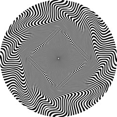 Fototapeta na wymiar Optical art patterned circle of distorted wavy black stripes. Psychedelic circular background design.