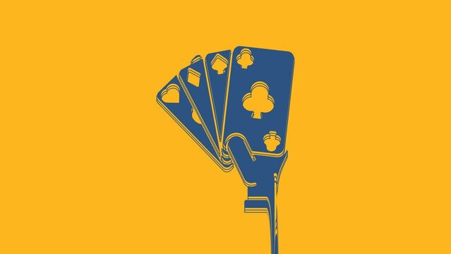 Blue Hand holding playing cards icon isolated on orange background. Casino game design. 4K Video motion graphic animation