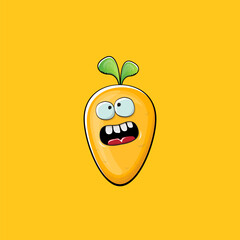 Carrot character. Cartoon orange carrot isolated on orange background. Funky vegetable character with eyes and mouth. Vector white teabag clip art, emoji, label and sticker