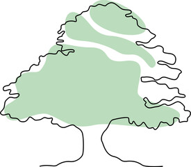 Drawing doodle tree in line art on green blot background