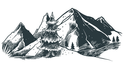 Fototapeta premium Mountain hill landscape Hand drawn vector illustration, sketch natural drawing vintage style Handdrawn rocky peaks black and white.