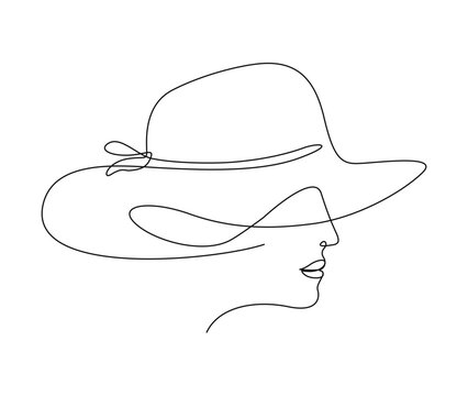 Continuous one line drawing of beautiful woman wearing sun hat. Simple linear beauty lady face and summer hat  line art vector illustration.  