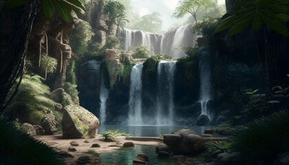 The Hidden Gem: A Stunning and Adventure-Filled View of a Waterfall in a Lush Tropical Forest. Generative Ai