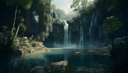 The Jungle Paradise: A Stunning and Adventure-Filled View of a Tropical Waterfall at the Front of a Lost City. Generative Ai