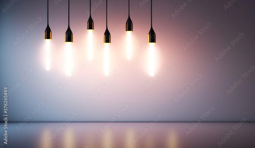 Poster background for a product presentation with many hanging long bulbs with a beautiful glow on a calm, 