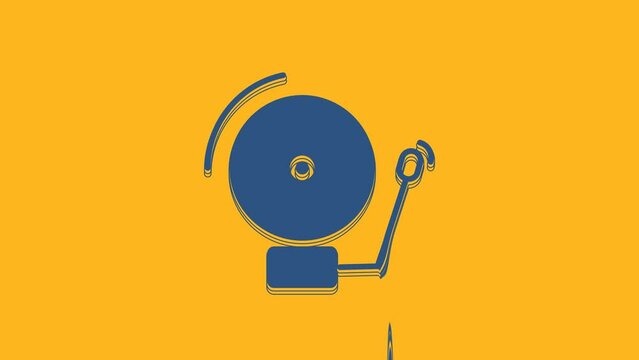 Blue Ringing alarm bell icon isolated on orange background. Alarm symbol, service bell, handbell sign, notification symbol. 4K Video motion graphic animation