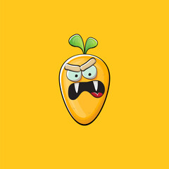 Carrot character. Cartoon orange carrot isolated on orange background. Funky vegetable character with eyes and mouth. Vector white teabag clip art, emoji, label and sticker