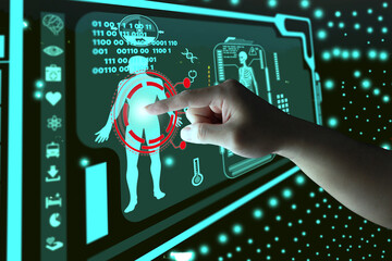hand of doctor use virtual screen technology for x ray scan for illness inside body for diagnosis and treatment in future medical concept