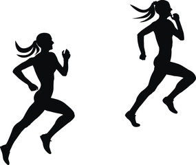 two slender female runner athlete running silhouette black