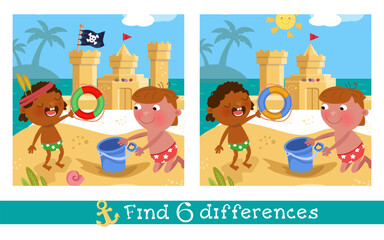 Find 6 hidden differences. Educational puzzle game for children. Cute boy and girl on beach. Cartoon character and sand castle. Vector illustration.