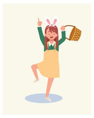 Happy Easter Day. Little girl with bunny with and blank basket is ready to hunt easter egg. Flat style vector illustration.