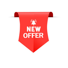 New offer banner with bell icon. Special offer sign. Flat vector illustration.