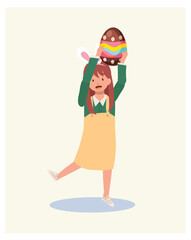 Happy Easter Day. Little girl with bunny ears is happy to found a Big Easter egg. holding big easter egg upper head. Flat style vector illustration.