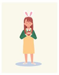 Happy Easter Day. Little girl with bunny ears is holding an Easter egg. Flat style vector illustration.