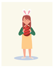 Happy Easter Day. Little girl with bunny ears is holding a big Easter egg. Flat style vector illustration.