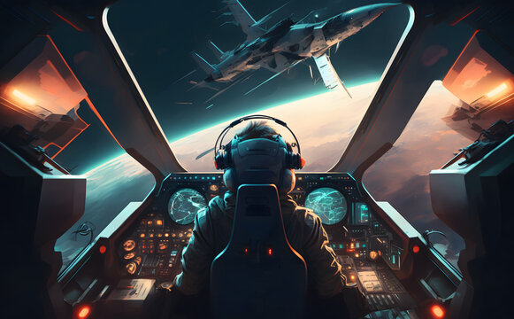 Airplane cockpit view during intergalaxy journey flight or spaceship battle. Neural network AI generated art