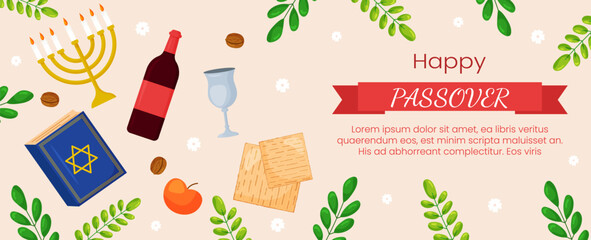 Vector Passover greeting card template banner. Pesach poster with matzo, wine bottle, candles, book, spring flowers on pink background. Jewish holiday horizontal invitation, flyer, brochure for event.