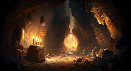 Fototapeta na wymiar Grand cave treasure inside, treasure chest is opening with golden shining lighting reflection inside, it placed at the deep of the cave in dark environment