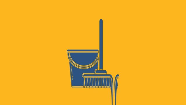 Blue Mop and bucket icon isolated on orange background. Cleaning service concept. 4K Video motion graphic animation