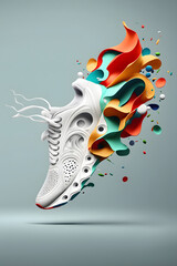 White colorful sports sneakers with flying shoe abstract painting shapes white pastel background