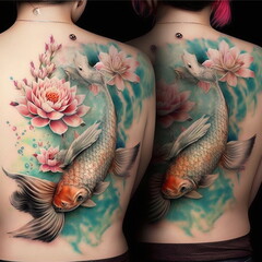 Tattoo of Japanese colored Koi fish swimming with lotus flowers. AI Generated