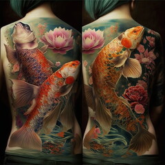 Tattoo of Japanese colored Koi fish swimming with lotus flowers. AI Generated