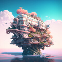 Concept of house in the sky built on a big tree in the middle of the water with clouds in the background and blue sky. AI Generated