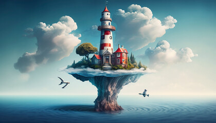 A Fantasy-inspired Floating Island with a Modern Twist, Overlooking a Scenic Blue Sky and Clouds Background - Generative Ai