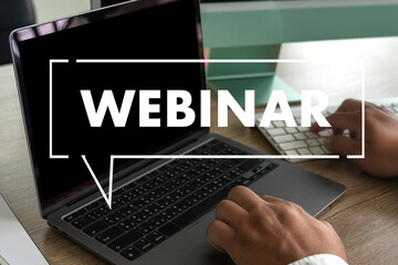 Webinar, Hands-on Table Use E-business Connection on Computer, Man Working From Home Participating in Online Group Communication WEBINAR