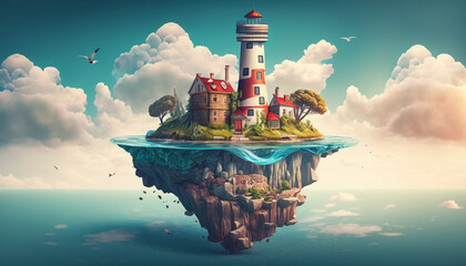 A Fantasy-inspired Floating Island with a Modern Twist, Overlooking a Scenic Blue Sky and Clouds Background - Generative Ai