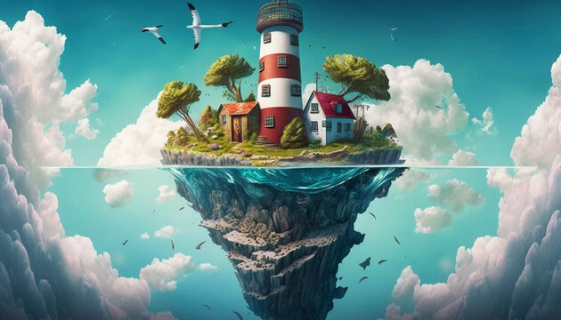 A Fantasy-inspired Floating Island with a Modern Twist, Overlooking a Scenic Blue Sky and Clouds Background - Generative Ai