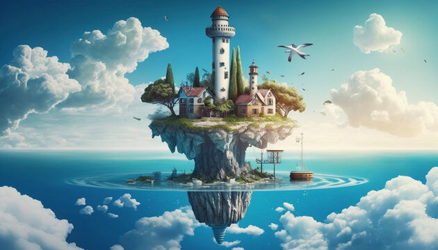 A Fantasy-inspired Floating Island with a Modern Twist, Overlooking a Scenic Blue Sky and Clouds Background - Generative Ai