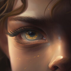 Detailed close up of yellow human eye in fantasy style. AI Generated