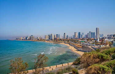 Fototapeta premium Mediterranean seaside of Tel Aviv. View from the park at old town of Jaffa.