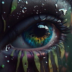 Detailed close up of blue and yellow human eye in fantasy style. AI Generated