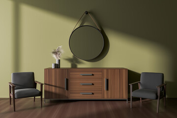 Green living room with cabinet, armchairs and mirror