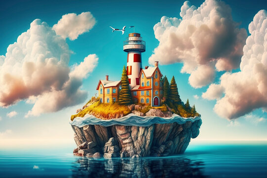 A Colorful, Cheerful and Exotic Floating Island with a Modern Manor and Stylized Lighthouse - Generative Ai