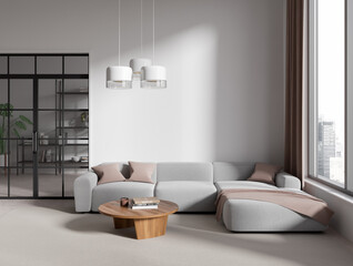 White living room interior with sofa and window