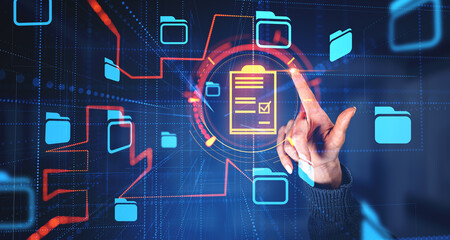 Woman hand using document management system interface