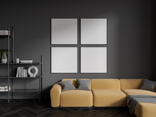 Four posters in gray living room with sofa