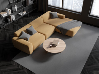 Gray living room with sofa and table, top view © ImageFlow