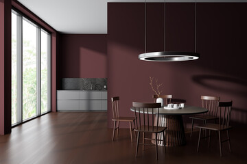 Panoramic red kitchen and dining room interior