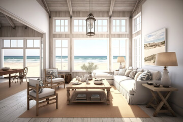 Fototapeta na wymiar Summer beach house with furniture has a living room with a view of the ocean. inside a vacation home or villa