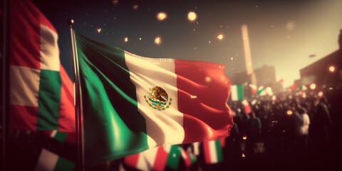 Mexican Flag Flying High in the Streets Celebrating Mexican Revolution Day